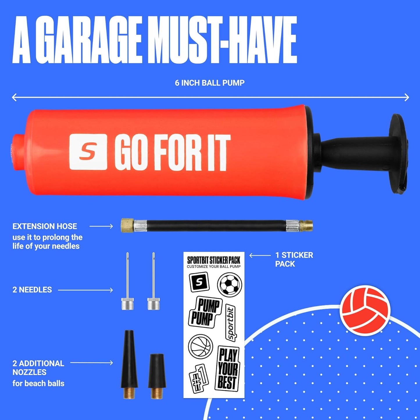 SPORTBIT Ball Pump for Sports Balls - Air Pump for Balls with 5 Needles, Basketball Pump, Soccer Ball Pump, Volleyball Pump, Football Pump